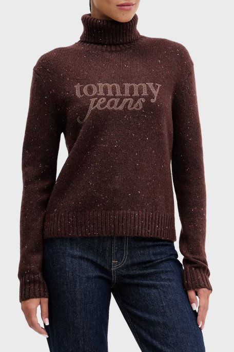 Tommy Jeans Yün Karışımlı Relaxed Fit Balıkçı Yaka Logolu Bayan Kazak DW0DW21687 GS7 KAHVE - Tommy Jeans