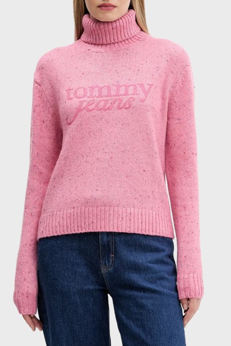 Tommy Jeans Yün Karışımlı Relaxed Fit Balıkçı Yaka Logolu Kadın Kazak DW0DW21687 THC PEMBE - Tommy Jeans