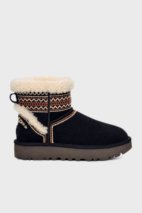 Ugg Klasik Mini Atherson İşlemeli Gerçek Yumuşak Tüylü Süet Kadın Bot 1158281 SİYAH - Ugg