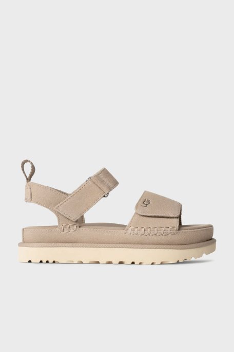 Ugg Logolu Süet Kalın Taban Cırtlı Kadın Sandalet 1136783 BEJ - Ugg