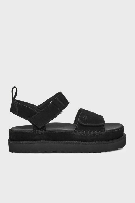 Ugg Logolu Süet Kalın Taban Cırtlı Kadın Sandalet 1136783 SİYAH - Ugg