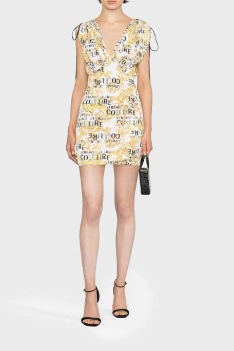 Versace Jeans Couture Desenli Omuzdan Büzgülü Slim Fit Bodycon Mini Bayan Elbise 74HAO921 JS162 G03 BEYAZ - Versace Jeans Couture