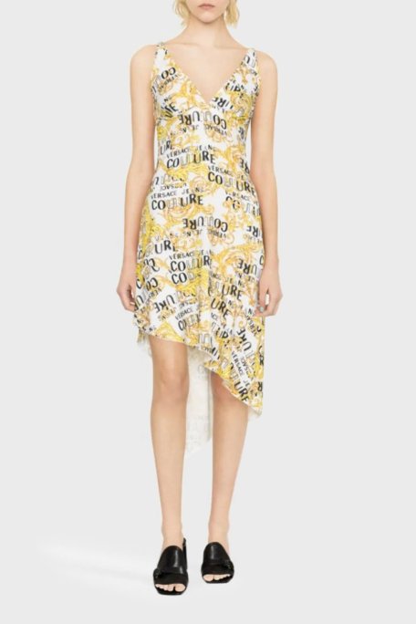 Versace Jeans Couture Barok Desenli V Yaka Asimetrik Bayan Elbise 74HAO912 NS228 G03 BEYAZ - Versace Jeans Couture