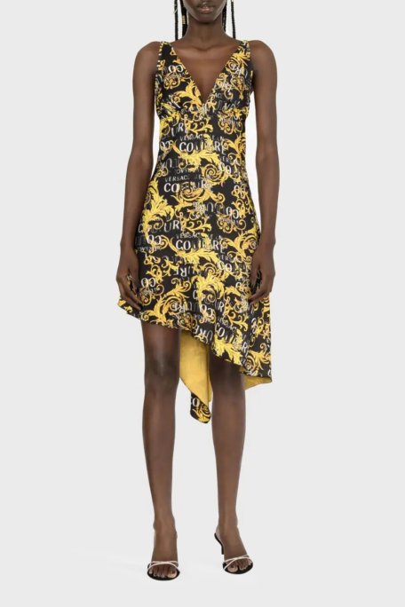 Versace Jeans Couture Barok Desenli V Yaka Asimetrik Bayan Elbise 74HAO912 NS228 G89 SİYAH - Versace Jeans Couture