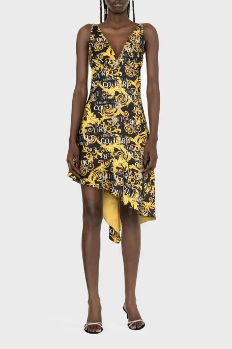 Versace Jeans Couture Barok Desenli V Yaka Asimetrik Kadın Elbise 74HAO912 NS228 G89 SİYAH - Versace Jeans Couture