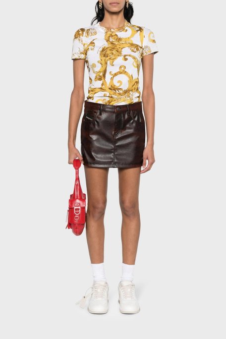 Versace Jeans Couture Desenli Bisiklet Yaka Pamuklu Slim Fit Bayan T Shirt 76HAH6D8 JS287 G03 BEYAZ-GOLD - Versace Jeans Couture