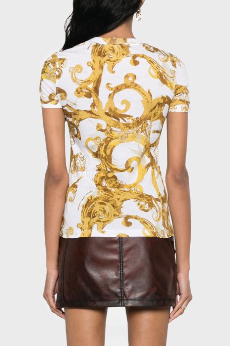 Versace Jeans Couture Desenli Bisiklet Yaka Pamuklu Slim Fit Kadın T Shirt 76HAH6D8 JS287 G03 BEYAZ-GOLD - Versace Jeans Couture (1)