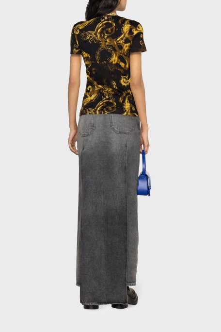 Versace Jeans Couture Desenli Bisiklet Yaka Pamuklu Slim Fit Bayan T Shirt 76HAH6D8 JS287 G89 SİYAH-GOLD - Versace Jeans Couture (1)