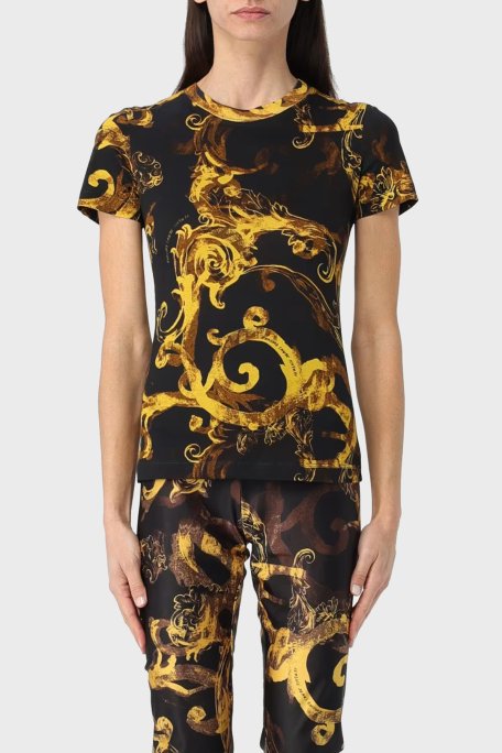 Versace Jeans Couture Desenli Bisiklet Yaka Pamuklu Slim Fit Kadın T Shirt 76HAH6D8 JS287 G89 SİYAH-GOLD - Versace Jeans Couture