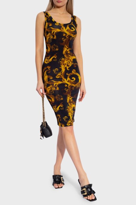 Versace Jeans Couture Desenli Bodycon Bayan Elbise 76HAO9B6 JS291 G89 SİYAH-GOLD - Versace Jeans Couture
