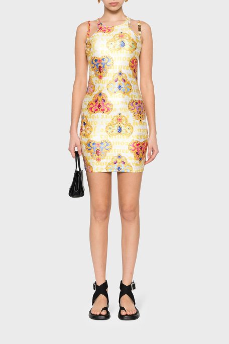 Versace Jeans Couture Desenli Bodycon Mini Kadın Elbise 76HAO944 JS348 G03 BEYAZ-GOLD - Versace Jeans Couture