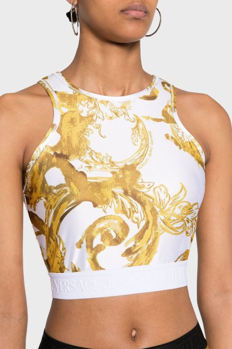 Versace Jeans Couture Desenli Slim Fit Crop Kadın Top 76HAM227 JS292 G03 BEYAZ-GOLD - Versace Jeans Couture
