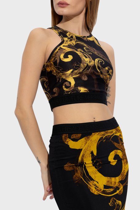 Versace Jeans Couture Desenli Slim Fit Crop Kadın Top 76HAM227 JS292 G89 SİYAH-GOLD - Versace Jeans Couture