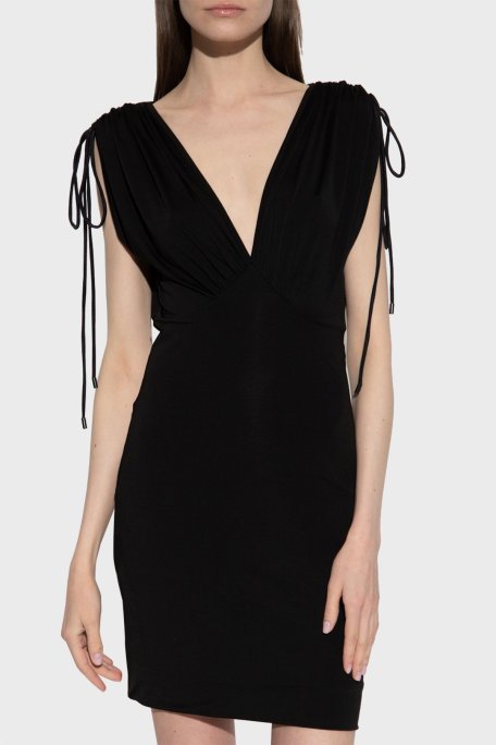 Versace Jeans Couture İpli Büzdürülebilir Kol Tasarımlı V Yaka Regular Fit Mini Bayan Elbise 74HAO921 J0049 899 SİYAH - Versace Jeans Couture