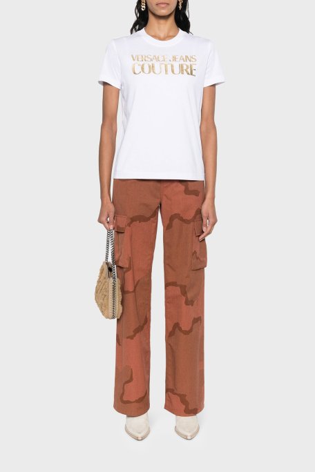 Versace Jeans Couture Logolu Bisiklet Yaka % 100 Pamuk Regular Fit Kadın T Shirt 76HAHT04 CJ00T G03 BEYAZ - Versace Jeans Couture