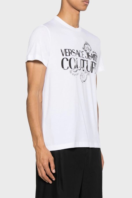 Versace Jeans Couture Logolu Bisiklet Yaka Pamuklu Slim Fit Erkek T Shirt 76GAHG00 CJ00G 003 BEYAZ - Versace Jeans Couture
