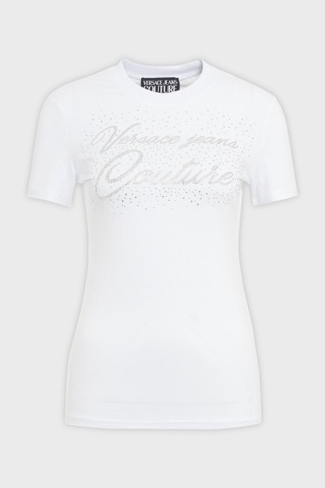 Versace Jeans Couture Logolu Pamuklu Bisiklet Yaka Slim Fit Bayan T Shirt 76HAH6A8 J0020 003 BEYAZ - Versace Jeans Couture