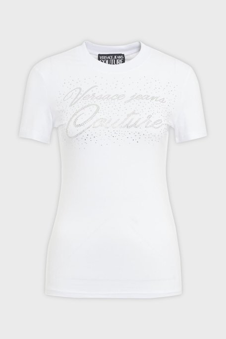 Versace Jeans Couture Logolu Pamuklu Bisiklet Yaka Slim Fit Kadın T Shirt 76HAH6A8 J0020 003 BEYAZ - Versace Jeans Couture