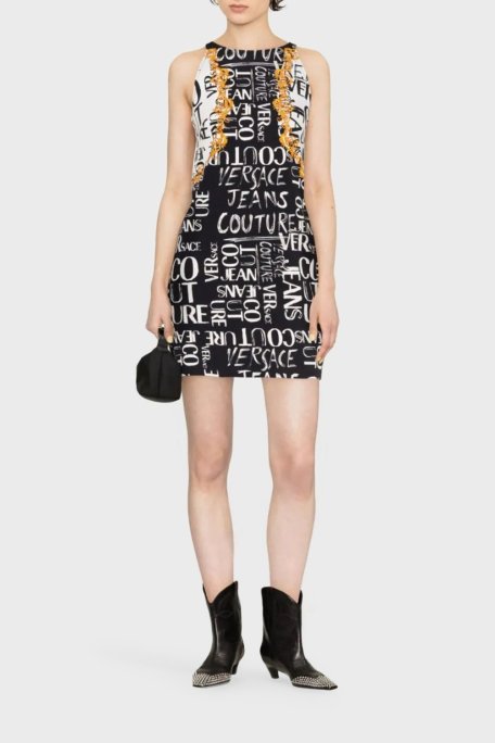 Versace Jeans Couture Pamuklu Logo Desen Baskılı Bisiklet Yaka Mini Bayan Elbise 74HAO95P ES054L54 G89 SİYAH - Versace Jeans Couture