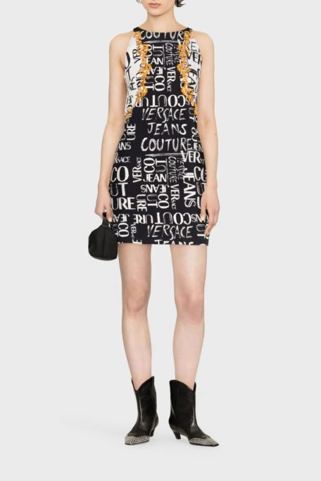 Versace Jeans Couture Pamuklu Logo Desen Baskılı Bisiklet Yaka Mini Kadın Elbise 74HAO95P ES054L54 G89 SİYAH - Versace Jeans Couture