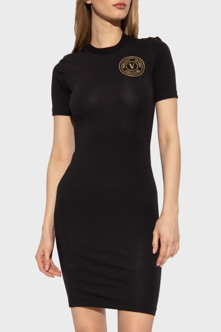 Versace Jeans Couture Pamuklu Logo Detaylı Mini T shirt Kadın Elbise 74HAOT06 CJ03T G89 SİYAH-GOLD - Versace Jeans Couture