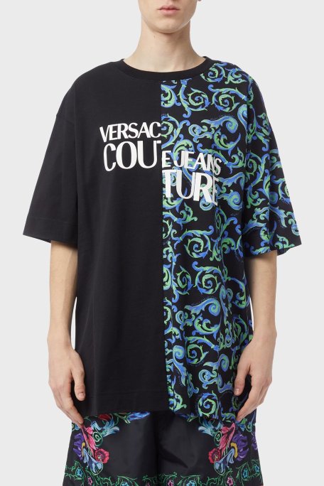 Versace Jeans Couture Pamuklu Oversize Bisiklet Yaka Erkek T Shirt 74GAHE06 CJ00E 899 SİYAH - Versace Jeans Couture