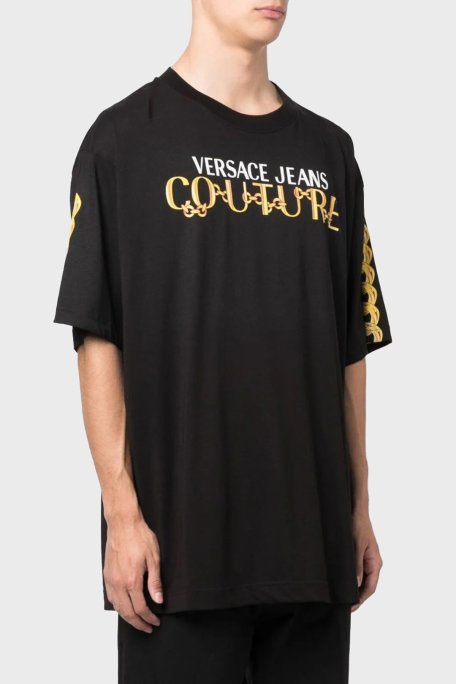 Versace Jeans Couture Pamuklu Oversize Erkek T Shirt 75GAHF01 CJ00F G89 SİYAH GOLD - Versace Jeans Couture