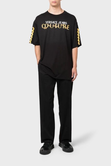 Versace Jeans Couture Pamuklu Oversize Erkek T Shirt 75GAHF01 CJ00F G89 SİYAH GOLD - Versace Jeans Couture (1)