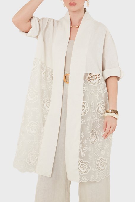 Via Dante % 100 Keten Dantel Detaylı Kimono Kadın Ceket 6909330 BEJ - Via Dante (1)