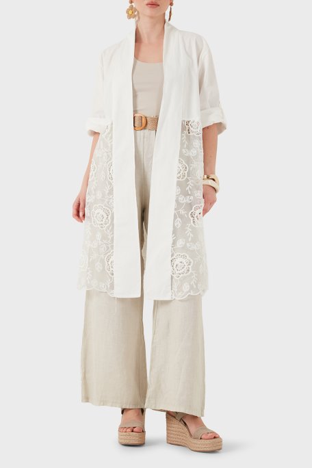 Via Dante % 100 Keten Dantel Detaylı Kimono Kadın Ceket 6909330 BEYAZ - Via Dante