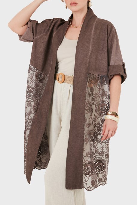 Via Dante % 100 Keten Dantel Detaylı Kimono Kadın Ceket 6909330 KAHVE - Via Dante (1)