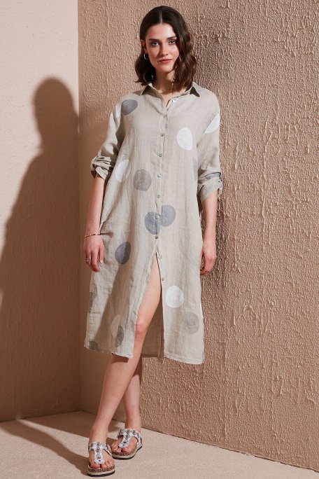 Via Dante % 100 Keten Regular Fit Desenli Midi Bayan Elbise 7250S635 TAŞ - Via Dante