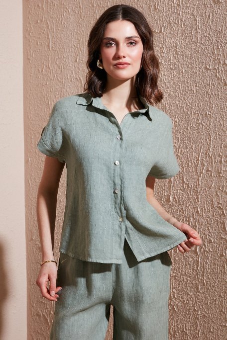 Via Dante Çizgili Regular Fit Düz Yaka Kısa Kollu Keten Bayan Gömlek 6140RN544 HAKİ - Via Dante