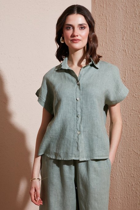 Via Dante Çizgili Regular Fit Düz Yaka Kısa Kollu Keten Bayan Gömlek 6140RN544 HAKİ - Via Dante (1)