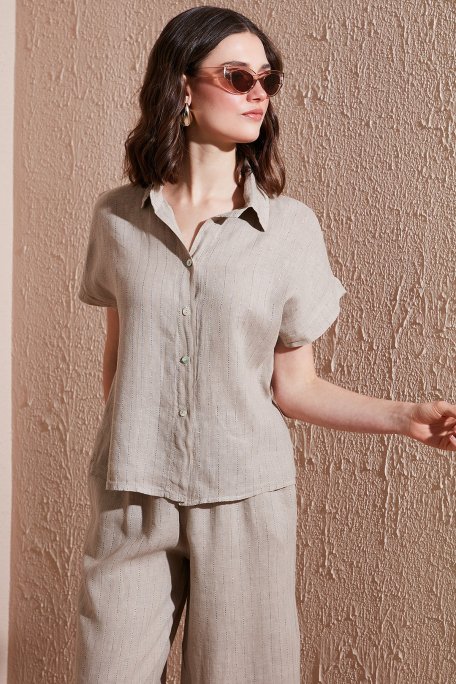 Via Dante Çizgili Regular Fit Düz Yaka Kısa Kollu Keten Bayan Gömlek 6140RN687 TAŞ - Via Dante (1)