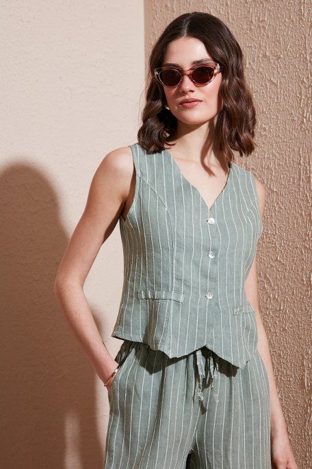 Via Dante Çizgili Regular Fit V Yaka Keten Bayan Yelek 6333544 HAKİ - Via Dante