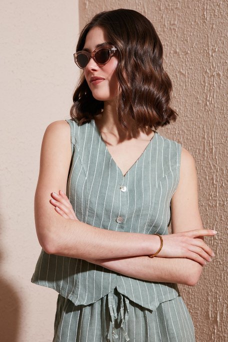 Via Dante Çizgili Regular Fit V Yaka Keten Bayan Yelek 6333544 HAKİ - Via Dante (1)