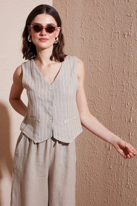 Via Dante Çizgili Regular Fit V Yaka Keten Bayan Yelek 6333687 TAŞ - Via Dante (1)