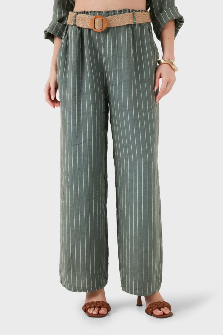 Via Dante Çizgili Relaxed Fit Yüksek Bel Bol Paça Keten Kadın Pantolon 5056RN HAKİ - Via Dante (1)