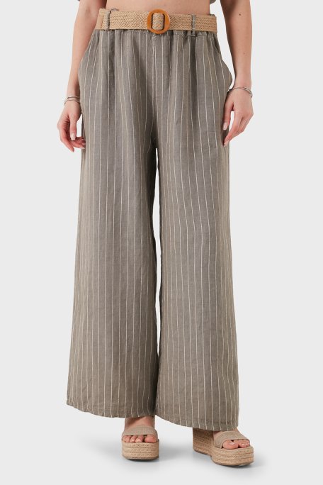 Via Dante Çizgili Relaxed Fit Yüksek Bel Bol Paça Keten Kadın Pantolon 5056RN TOPRAK - Via Dante (1)