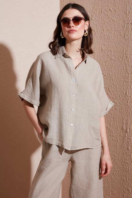 Via Dante Keten Regular Fit Kısa Kollu Bayan Gömlek 5028687 TAŞ - Via Dante