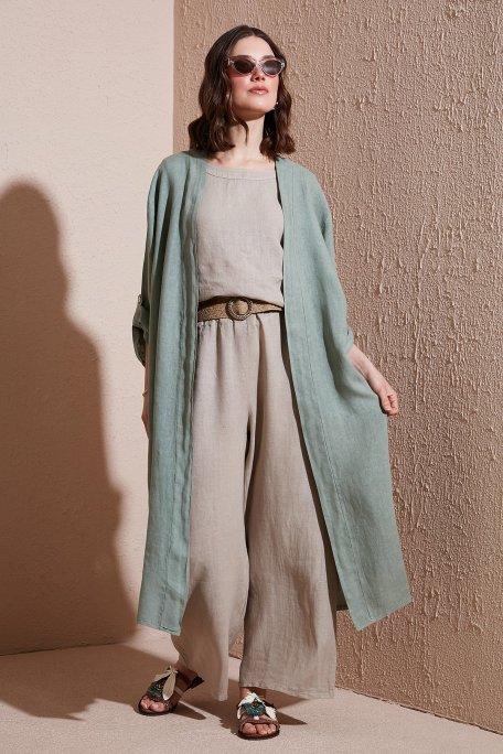 Via Dante Oversize Arkası Dantel Detaylı Uzun Keten Bayan Kimono 7183544 HAKİ - Via Dante