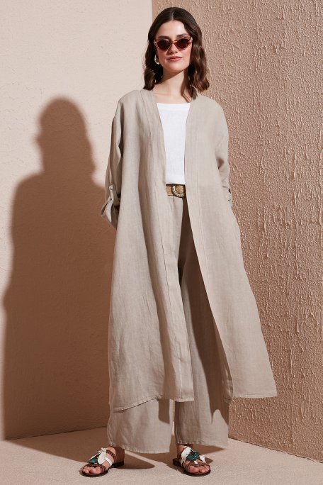 Via Dante Oversize Arkası Dantel Detaylı Uzun Keten Kadın Kimono 7183687 TAŞ - Via Dante