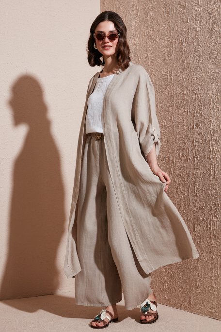 Via Dante Oversize Arkası Dantel Detaylı Uzun Keten Kadın Kimono 7183687 TAŞ - Via Dante (1)
