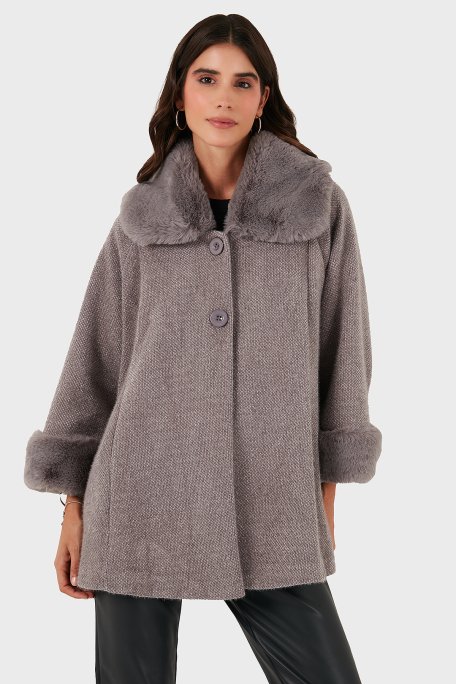 Via Dante Oversize Fit Ceket Yaka Düğmeli Kürk Bayan Mont 6858060 GRİ - Via Dante