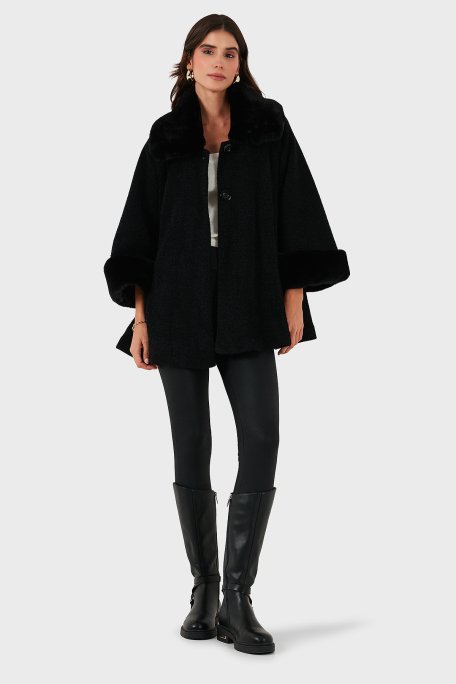 Via Dante Oversize Fit Ceket Yaka Düğmeli Kürk Bayan Mont 6858060 SİYAH - Via Dante