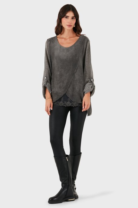 Via Dante Oversize Fit Dantel Detaylı Yuvarlak Yaka Bayan Bluz 690870 ANTRASİT - Via Dante (1)