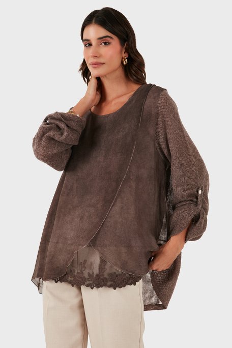 Via Dante Oversize Fit Dantel Detaylı Yuvarlak Yaka Bayan Bluz 690870 GÜL KURUSU - Via Dante