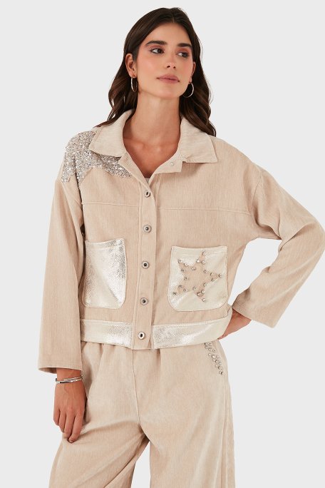 Via Dante Oversize Fit Gömlek Yaka Cep Detaylı Bayan Ceket 69143740 BEJ - Via Dante