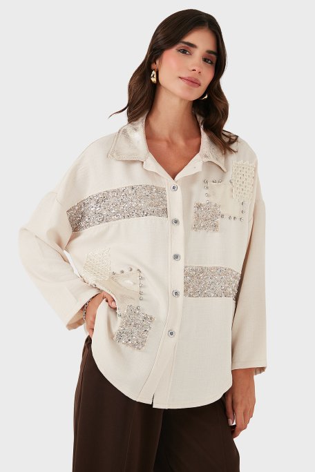 Via Dante Oversize Fit Pul Detaylı Uzun Kollu Bayan Gömlek 69143120 BEJ - Via Dante